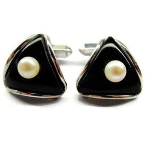 Triangle With Real Pearl Black Enamel Sterling Silver 925 Patina Cufflinks Vtg